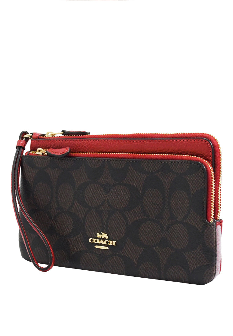 Coach Double Zip Wallet In Signature Canvas - Dark Brown/Red