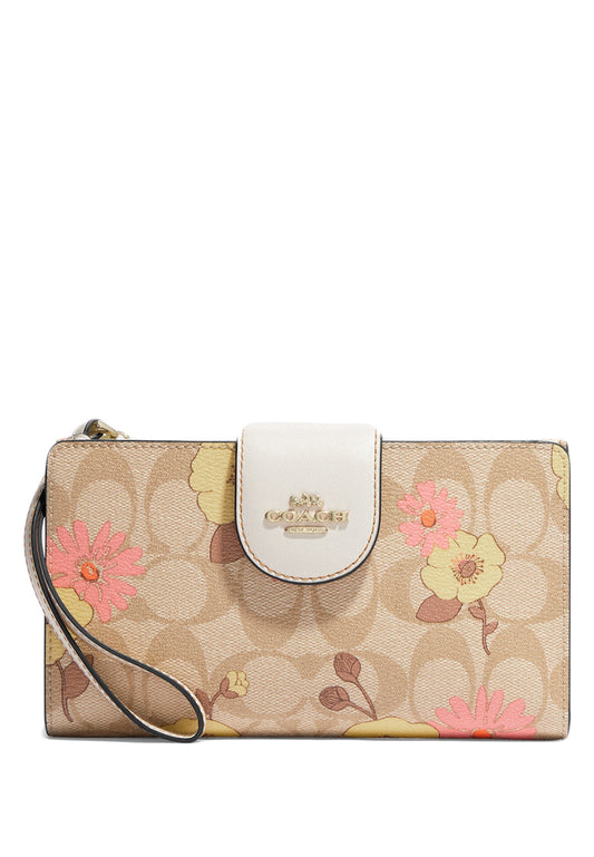 Coach Tech Wallet In Signature Canvas With Floral Cluster Print - Light Brown/Multi