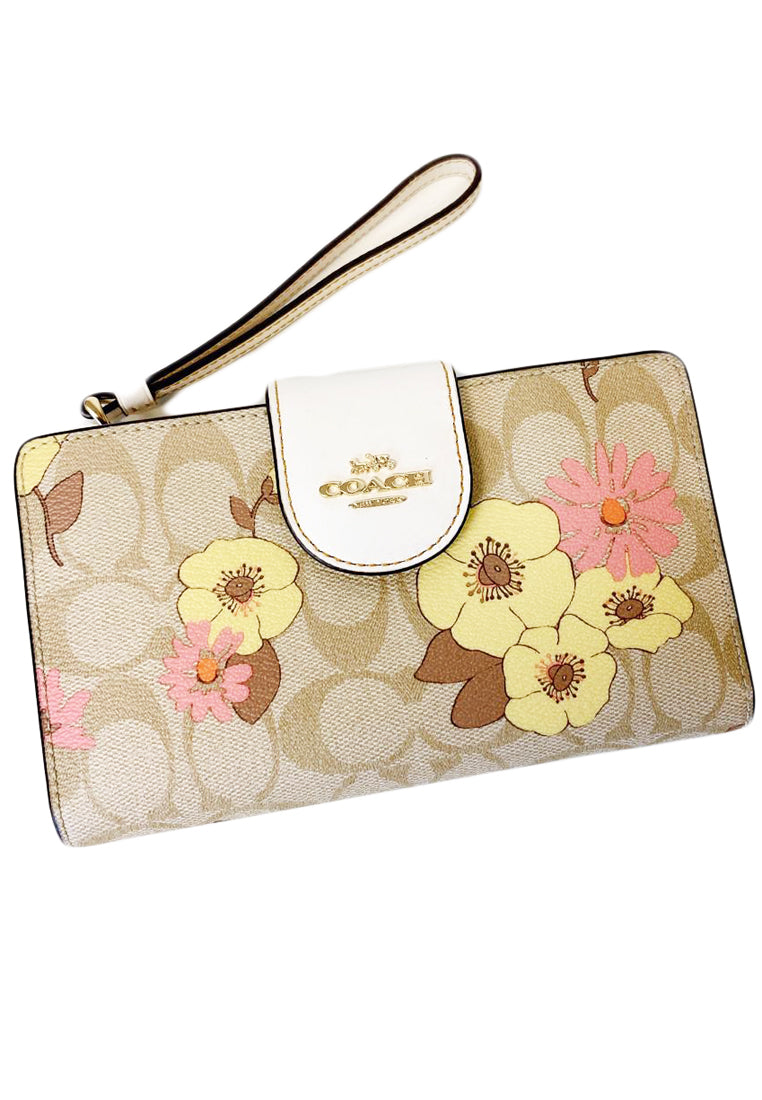 Coach Tech Wallet In Signature Canvas With Floral Cluster Print - Light Brown/Multi