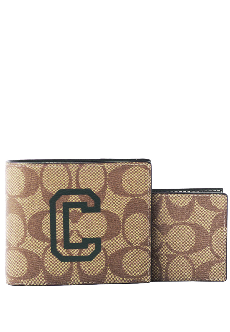 Coach Mens 3 In 1 Wallet In Signature Canvas With Varsity Motif - Brown/Amazon Green