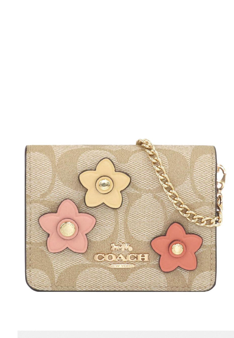 Coach Mini Wallet On A Chain In Signature Canvas With Floral Applique - Light Brown