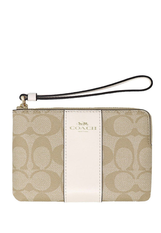 Coach Corner Zip Wristlet In Signature Canvas - Light Brown/White