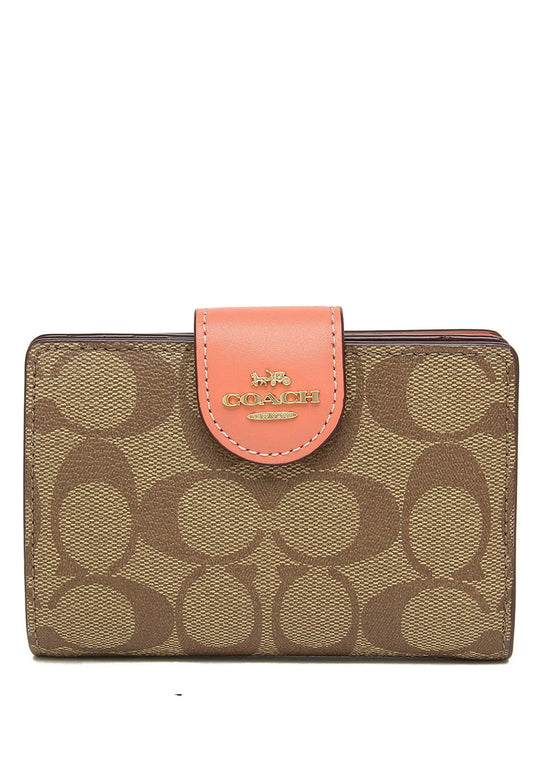 Coach Medium Corner Zip Wallet In Signature Canvas - Brown/Light Coral