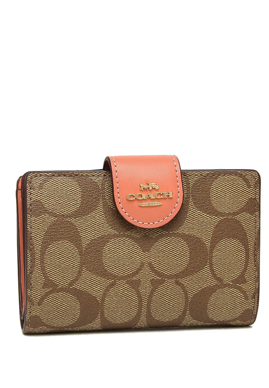 Coach Medium Corner Zip Wallet In Signature Canvas - Brown/Light Coral