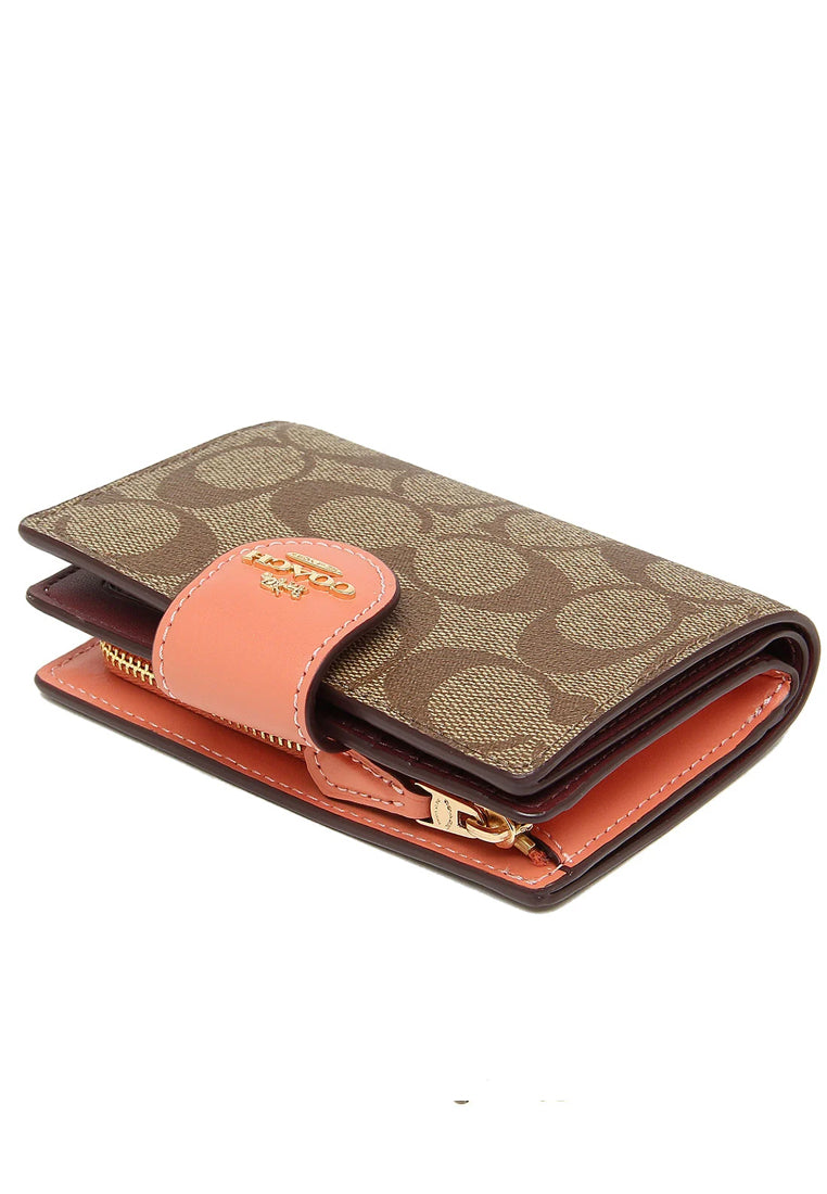 Coach Medium Corner Zip Wallet In Signature Canvas - Brown/Light Coral