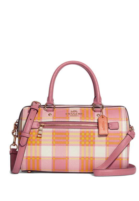 Coach Rowan Satchel With Garden Plaid Print - Pink/Multi