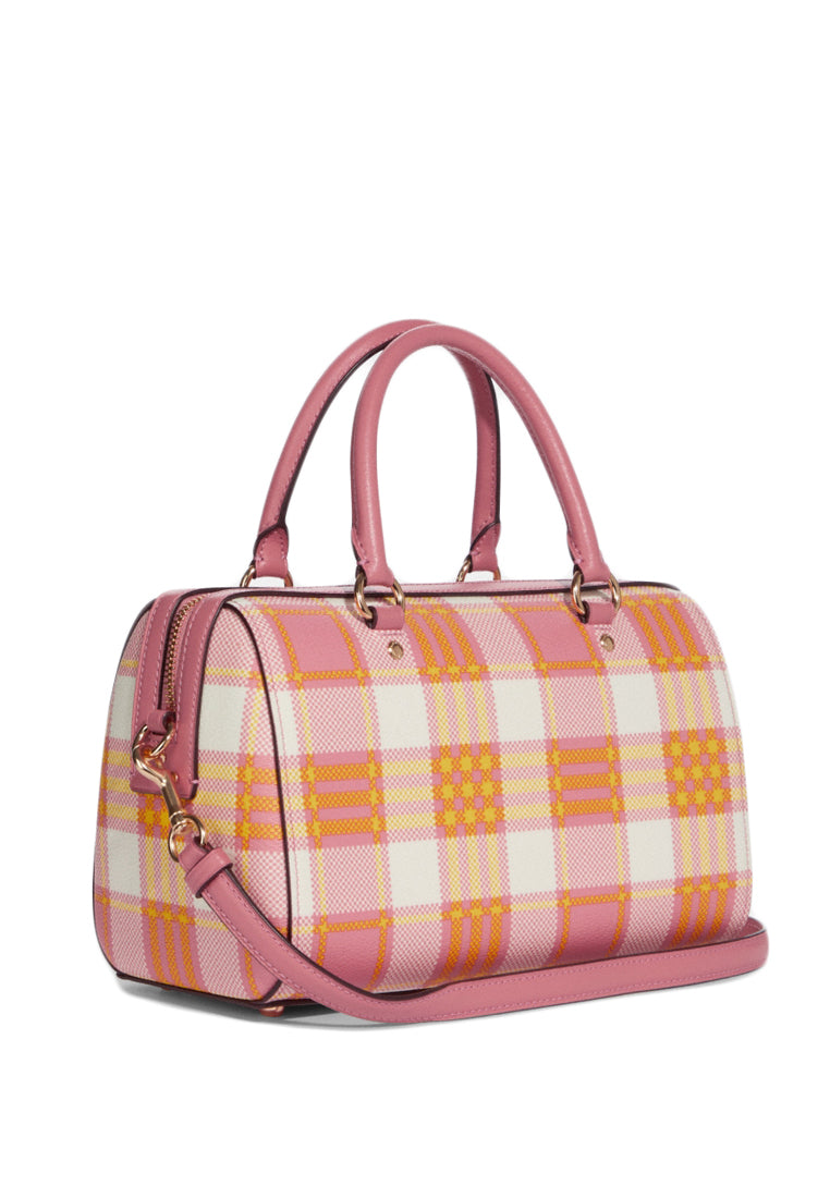 Coach Rowan Satchel With Garden Plaid Print - Pink/Multi