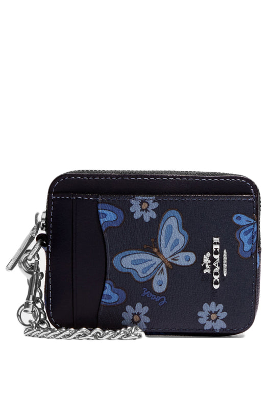 Coach Zip Card Case With Lovely Butterfly Print - Navy/Multi