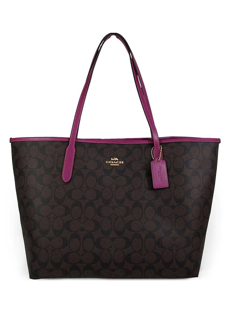 Coach City Tote In Signature Canvas - Dark Brown/Magenta