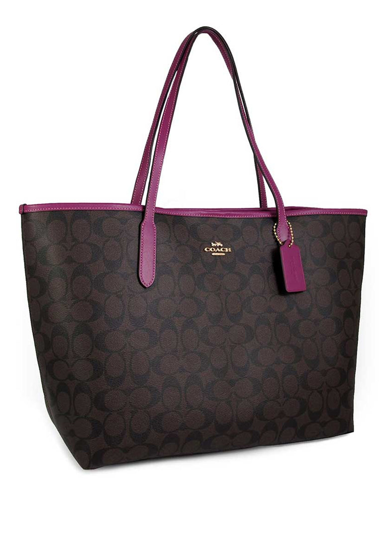 Coach City Tote In Signature Canvas - Dark Brown/Magenta