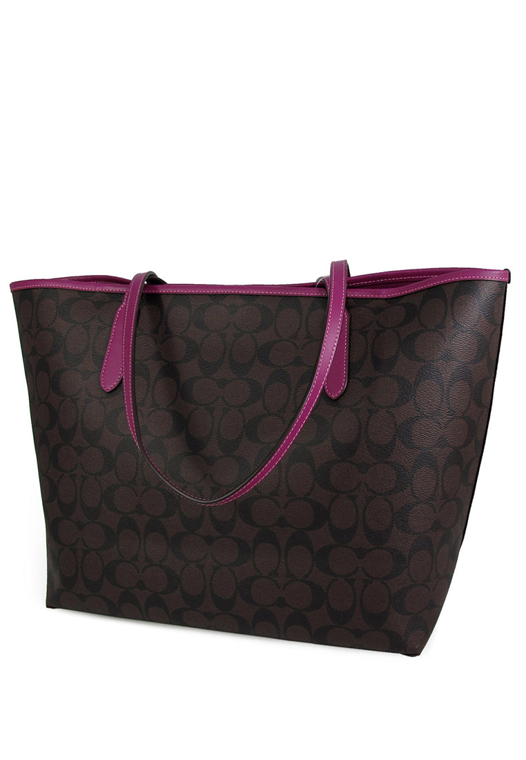 Coach City Tote In Signature Canvas - Dark Brown/Magenta