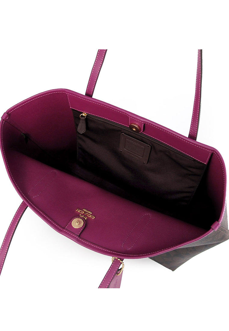 Coach City Tote In Signature Canvas - Dark Brown/Magenta