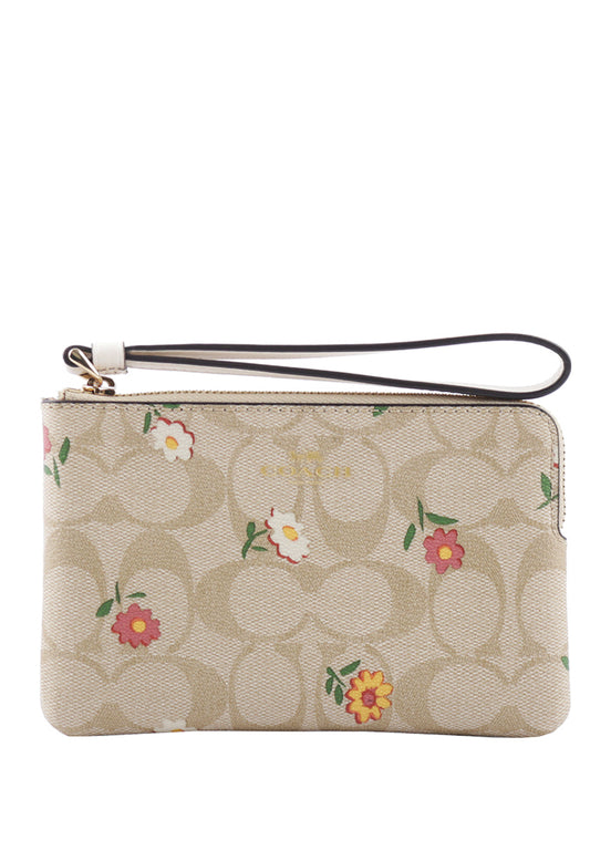 Coach Corner Zip Wristlet In Signature Canvas With Nostalgic Ditsy Print - Light Brown/Multi