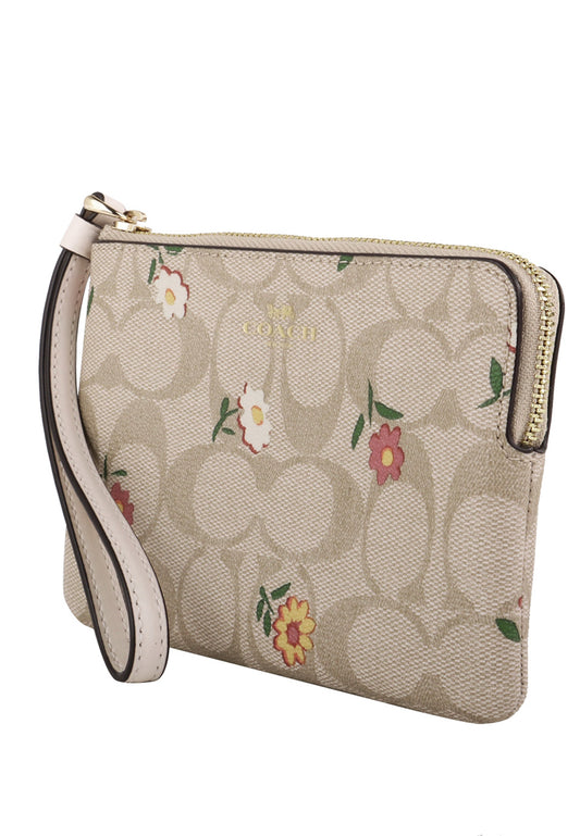 Coach Corner Zip Wristlet In Signature Canvas With Nostalgic Ditsy Print - Light Brown/Multi