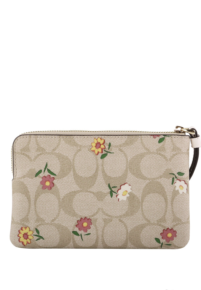 Coach Corner Zip Wristlet In Signature Canvas With Nostalgic Ditsy Print - Light Brown/Multi