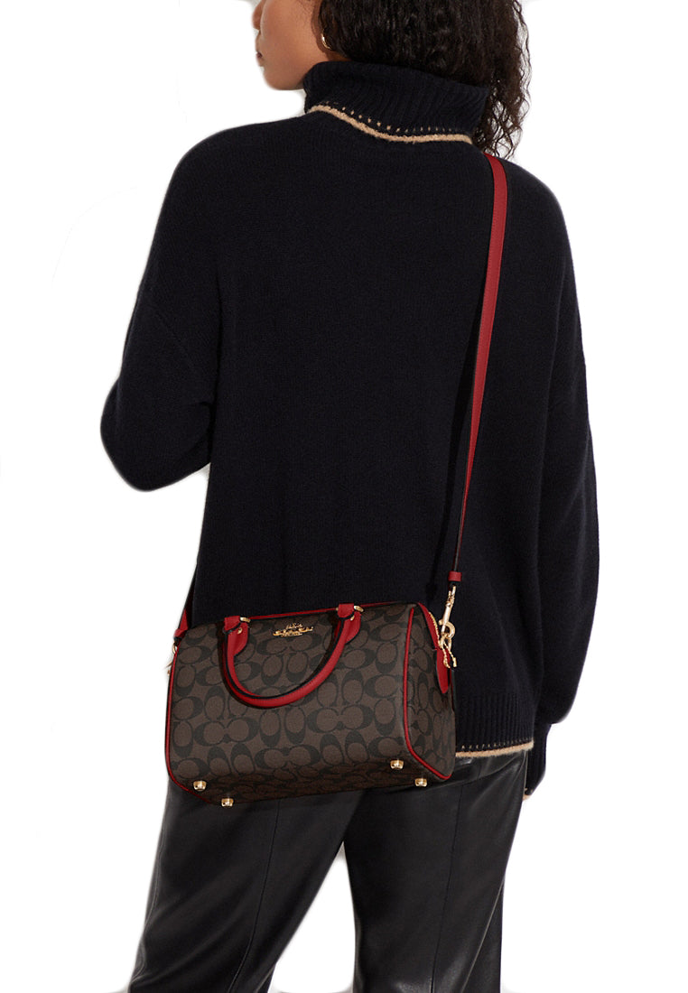 Coach Rowan Satchel In Signature Canvas - Dark Brown/Red