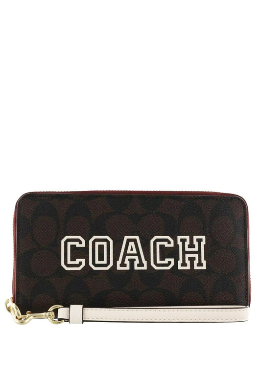 Coach Long Zip Around Wallet In Signature Canvas With Varsity Motif - Dark Brown