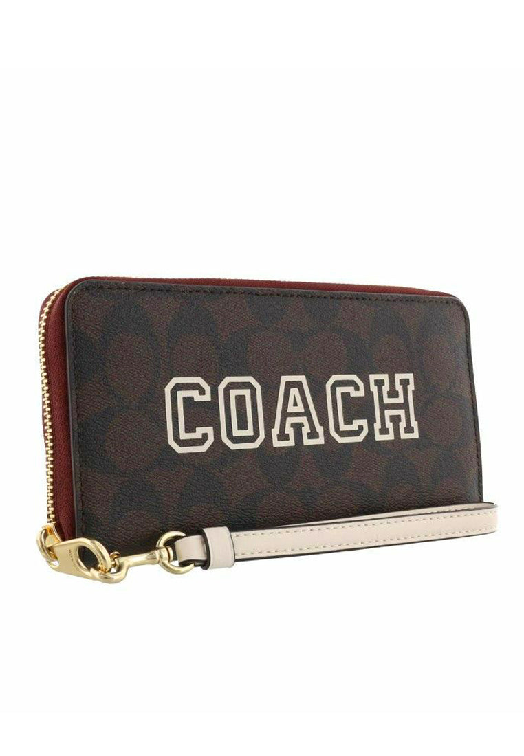 Coach Long Zip Around Wallet In Signature Canvas With Varsity Motif - Dark Brown