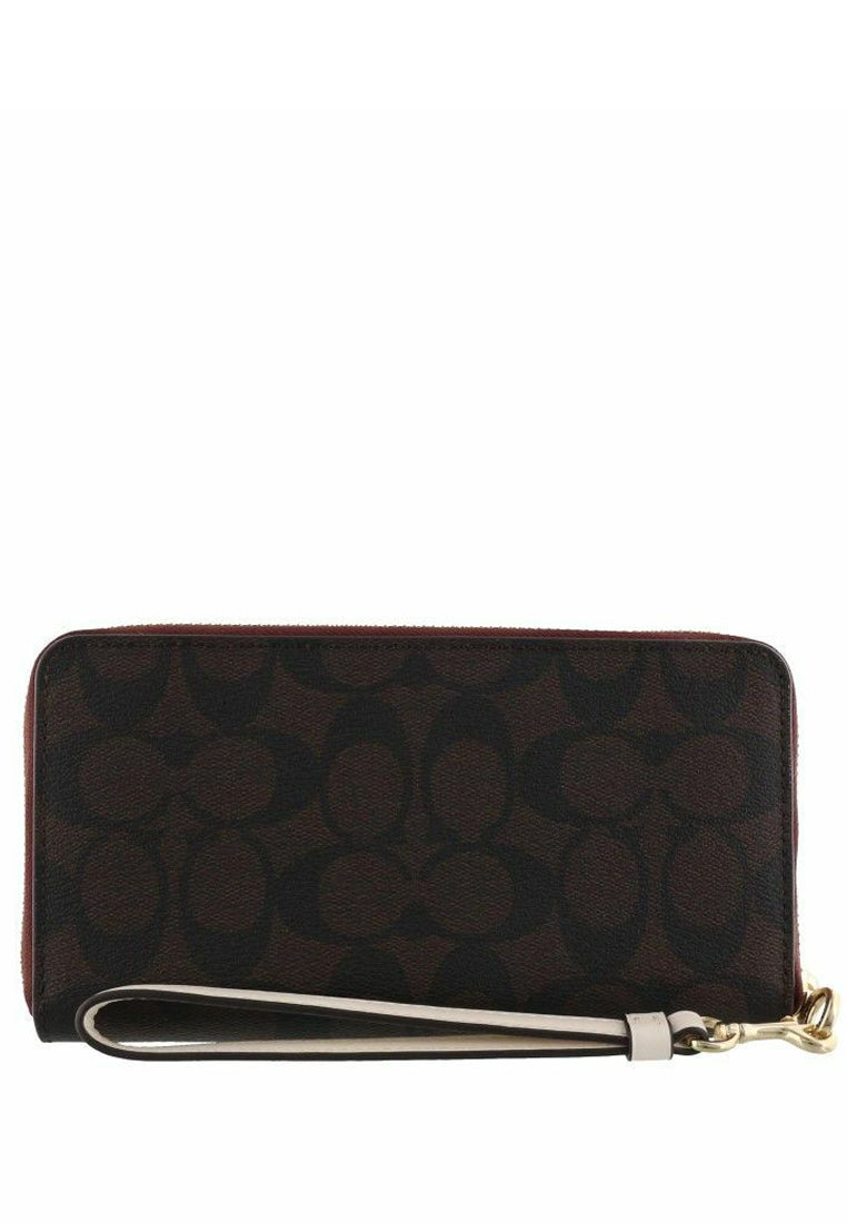 Coach Long Zip Around Wallet In Signature Canvas With Varsity Motif - Dark Brown