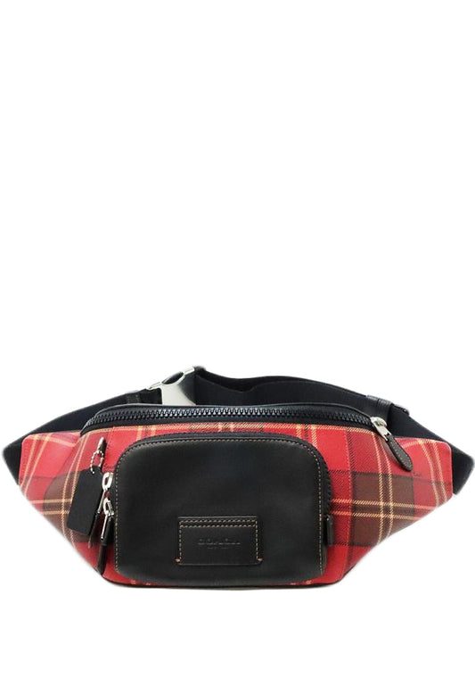 Coach Mens Track Belt Bag With Tartan Plaid Print - Black/Red