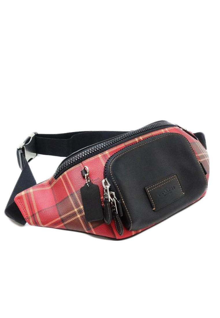 Coach Mens Track Belt Bag With Tartan Plaid Print - Black/Red