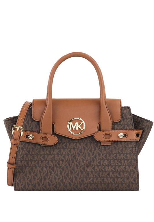 Michael Kors Carmen Medium Logo and Faux Leather Belted Satchel - Brown