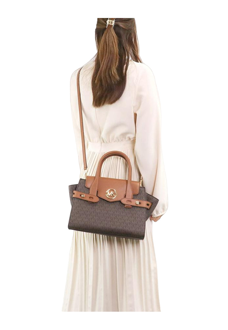 Michael Kors Carmen Medium Logo and Faux Leather Belted Satchel - Brown