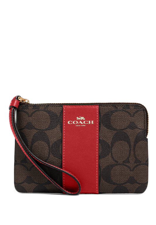 Coach Corner Zip Small Wristlet In Signature Canvas - Dark Brown/Red