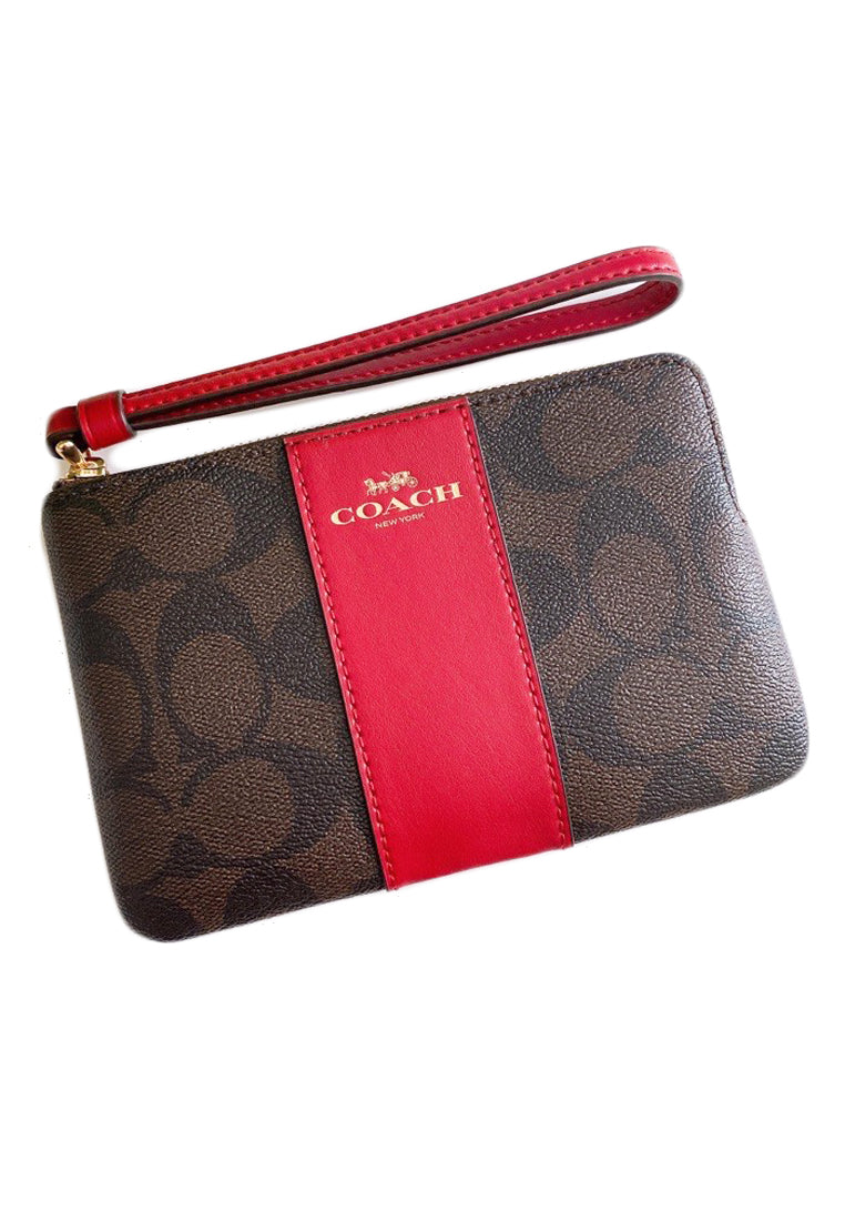 Coach Corner Zip Small Wristlet In Signature Canvas - Dark Brown/Red