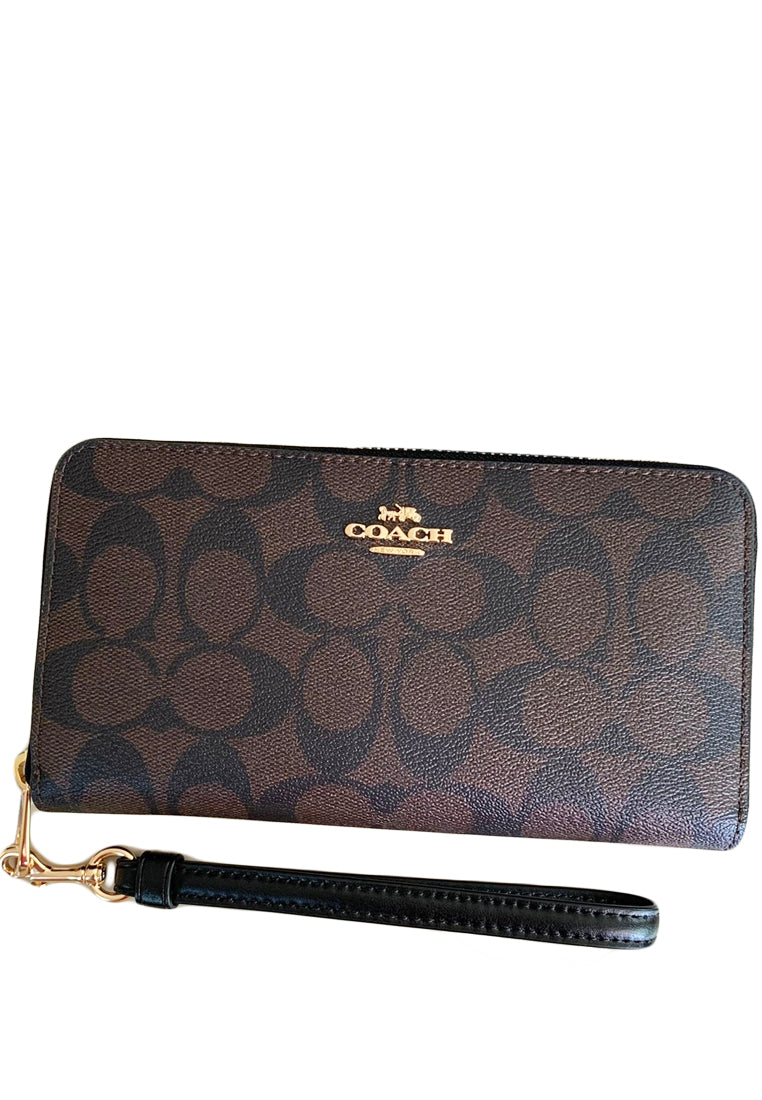 Coach Long Zip Around Wallet In Signature Canvas - Dark Brown