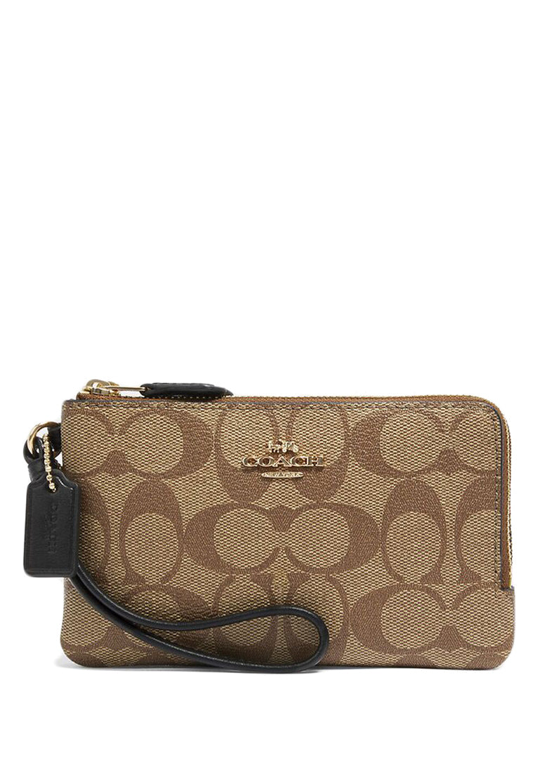 Coach Double Corner Zip Wristlet In Blocked Signature Canvas - Brown