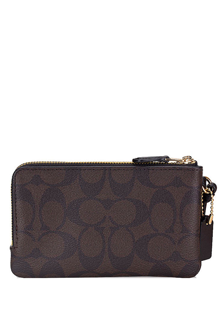 Coach Double Corner Zip Wristlet In Blocked Signature Canvas - Brown