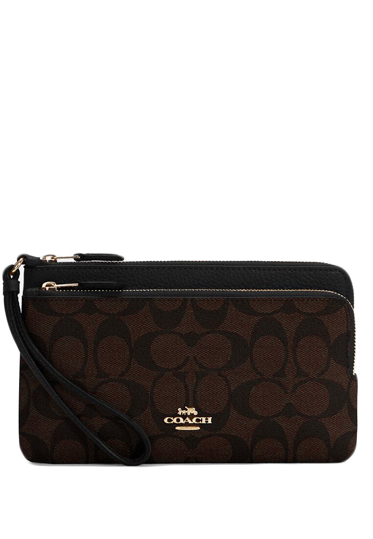 Coach Double Zip Wallet In Signature Canvas - Dark Brown