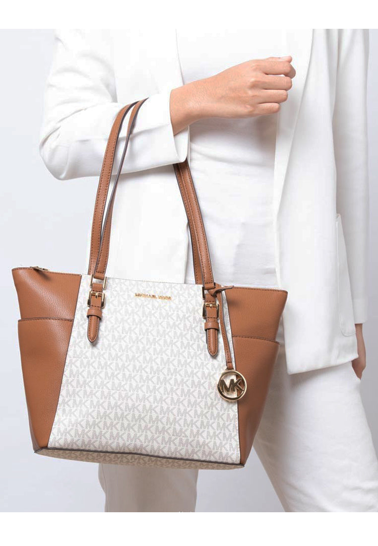 Michael Kors Charlotte Large Tote Bag In Signature - Vanilla/Brown