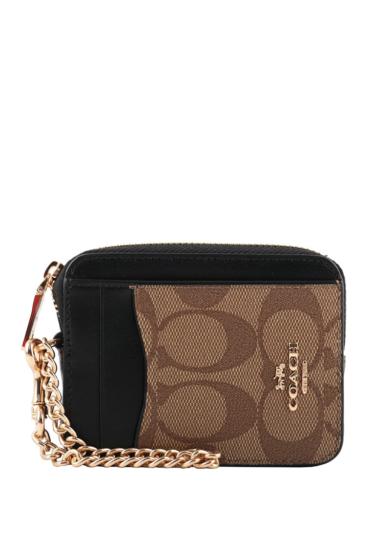 Coach Zip Card Case In Blocked Signature Canvas - Brown/Black