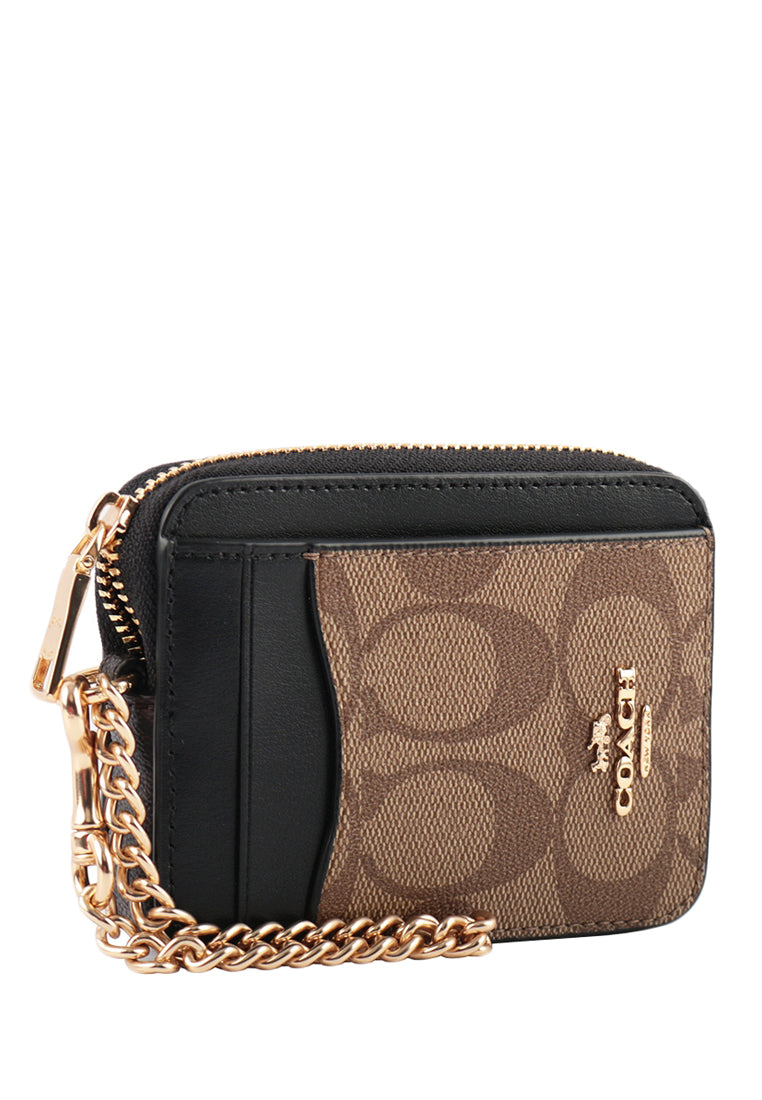 Coach Zip Card Case In Blocked Signature Canvas - Brown/Black