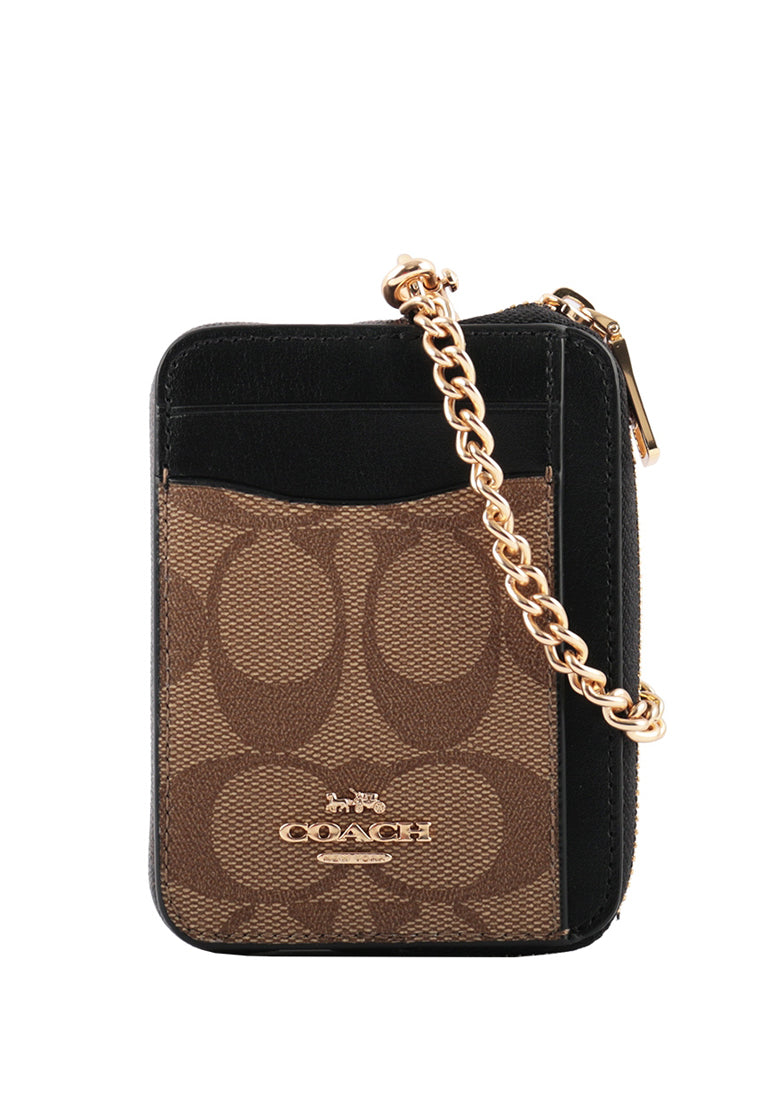 Coach Zip Card Case In Blocked Signature Canvas - Brown/Black