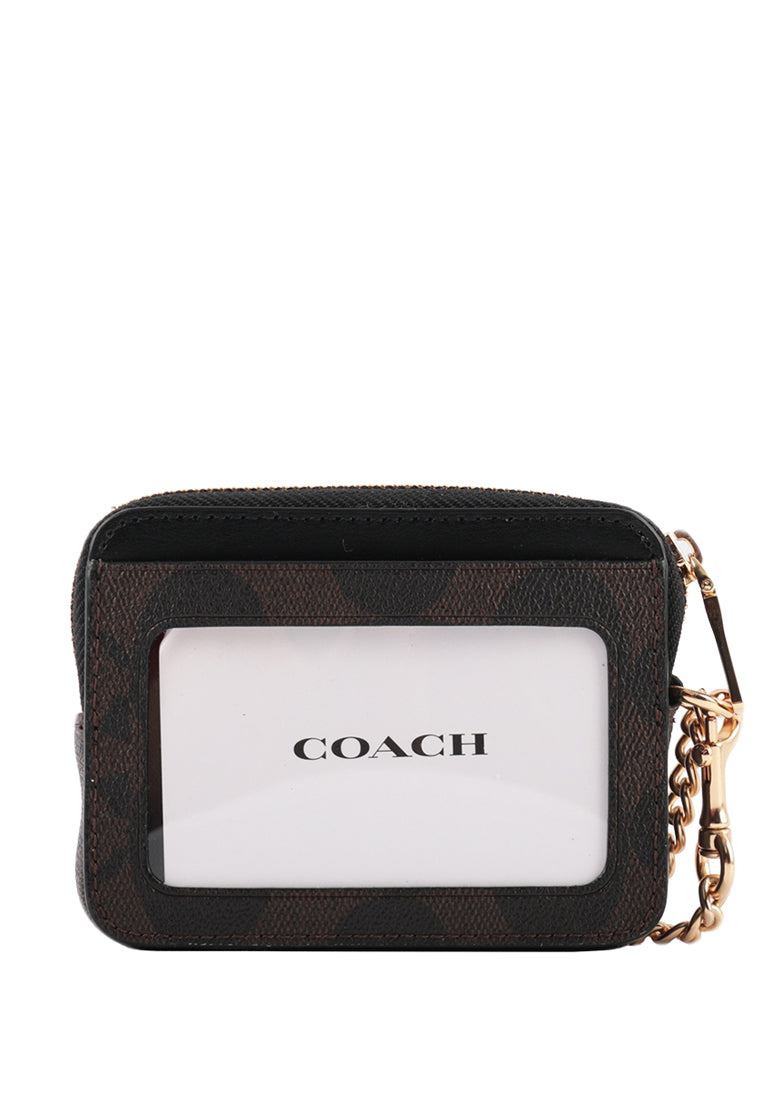 Coach Zip Card Case In Blocked Signature Canvas - Brown/Black