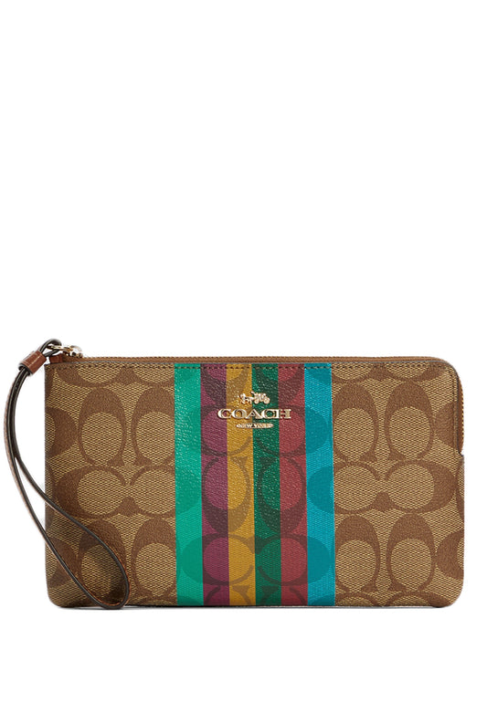 Coach Large Corner Zip Wristlet In Signature Canvas With Stripe - Brown