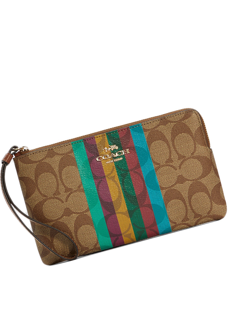 Coach Large Corner Zip Wristlet In Signature Canvas With Stripe - Brown