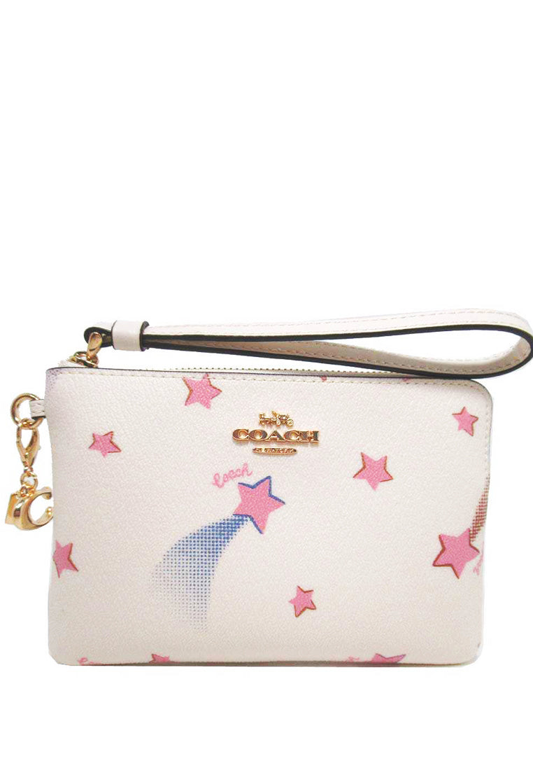 Coach Boxed Corner Zip Wristlet With Disco Star Print - White