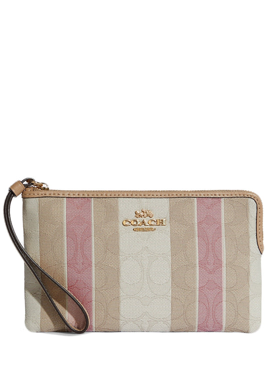 Coach Large Corner Zip Wristlet In Signature Jacquard With Stripes - Gold/Taffy