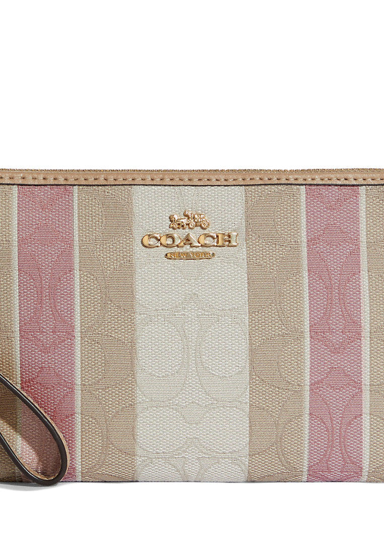 Coach Large Corner Zip Wristlet In Signature Jacquard With Stripes - Gold/Taffy