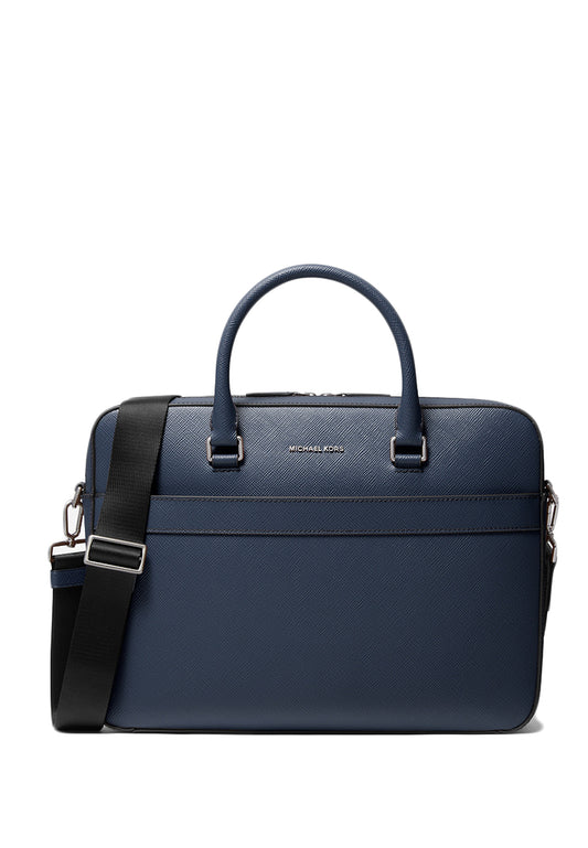 Michael Kors Harrison Saffiano Leather Front-Zip Mens Briefcase - Navy