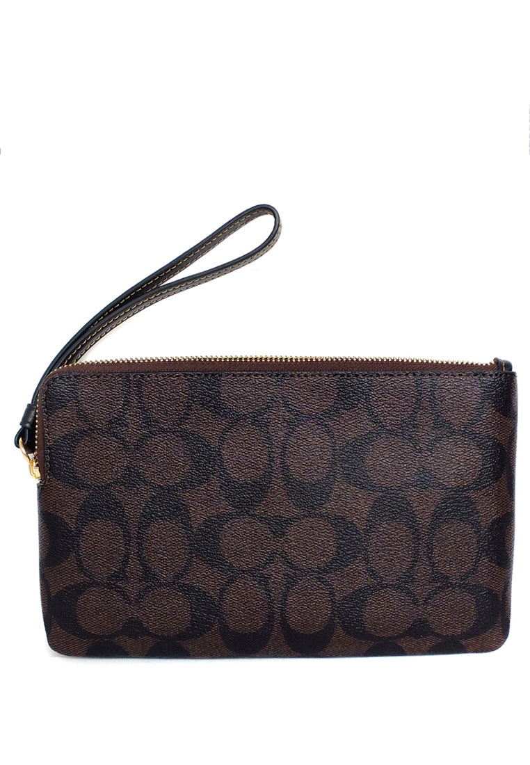 Coach Large Corner Zip Wristlet In Signature Canvas With Ski Patches - Dark Brown