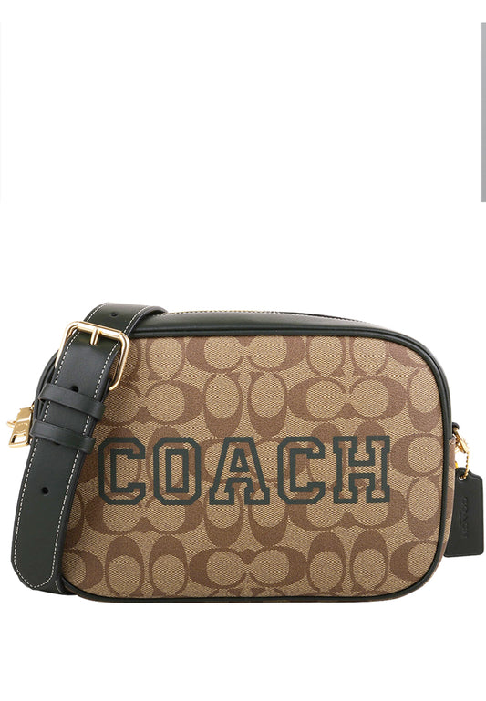 Coach Jamie Camera Bag In Signature Canvas With Varsity Motif - Brown/Amazon Green