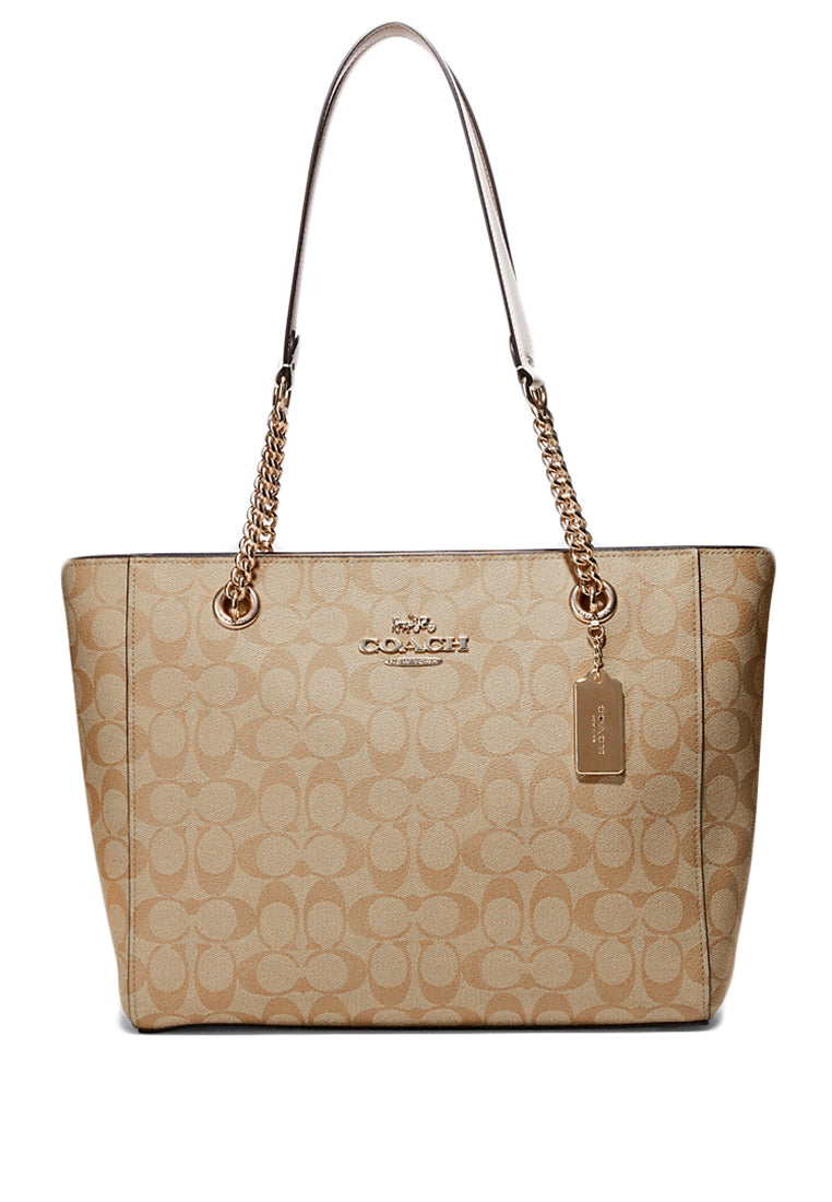 Coach Signature Cammie Chain Tote - Light Brown/White