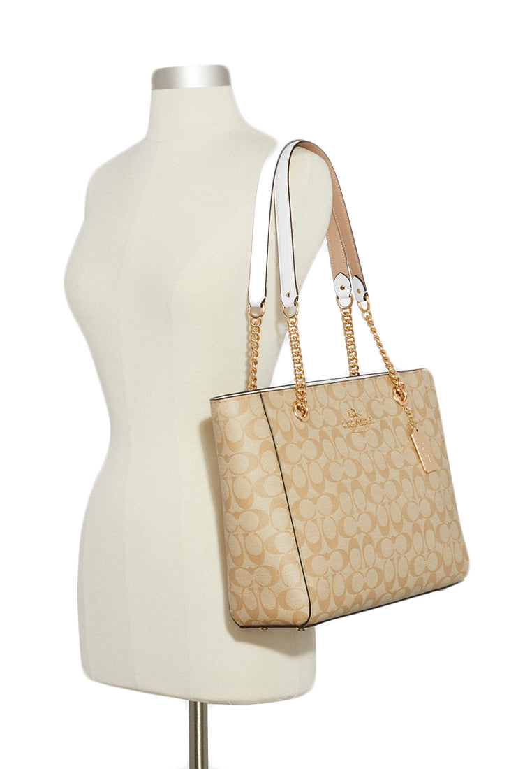 Coach Signature Cammie Chain Tote - Light Brown/White