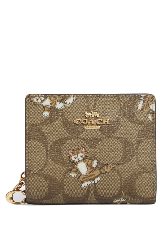 Coach Snap Wallet In Signature Canvas With Dancing Kitten Print - Brown