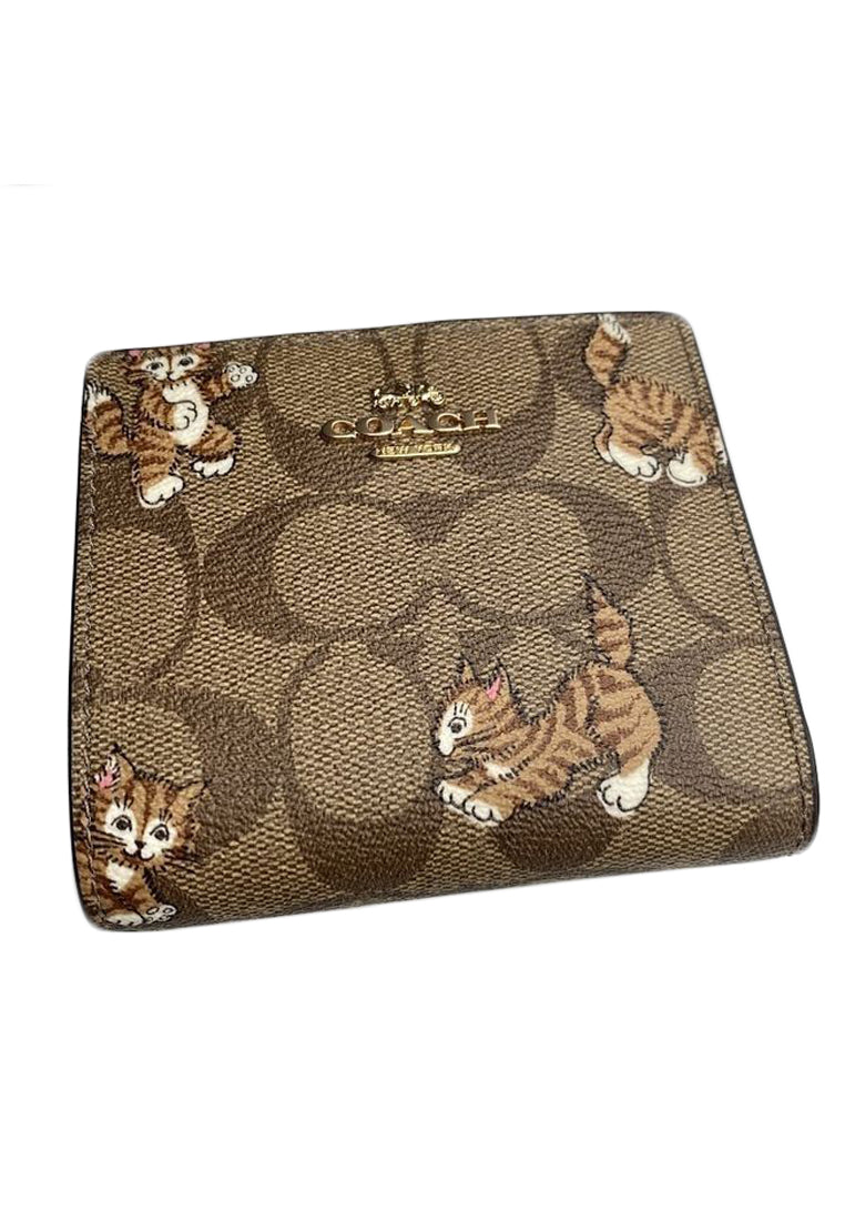 Coach Snap Wallet In Signature Canvas With Dancing Kitten Print - Brown